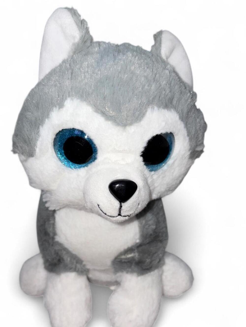 Gray and White Husky Plush Stuffed Animal with Blue Glitter Eyes - Kids Toy